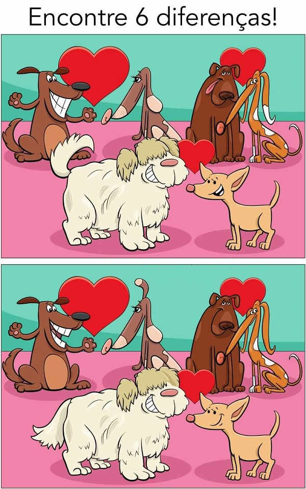 Encontre 6 diferenças - Cachorros apaixonados