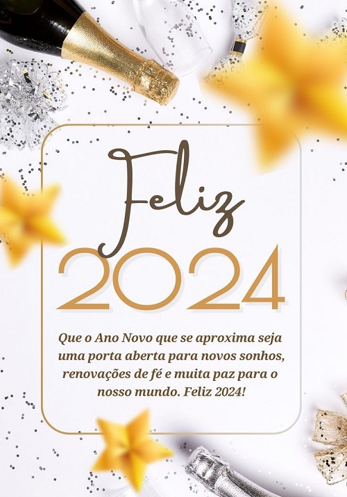 Feliz 2024 Que o ano novo que se aproxima seja uma porta aberta para novos sonhos, renovações de fé e muita paz para o nosso mundo. Feliz 2024!